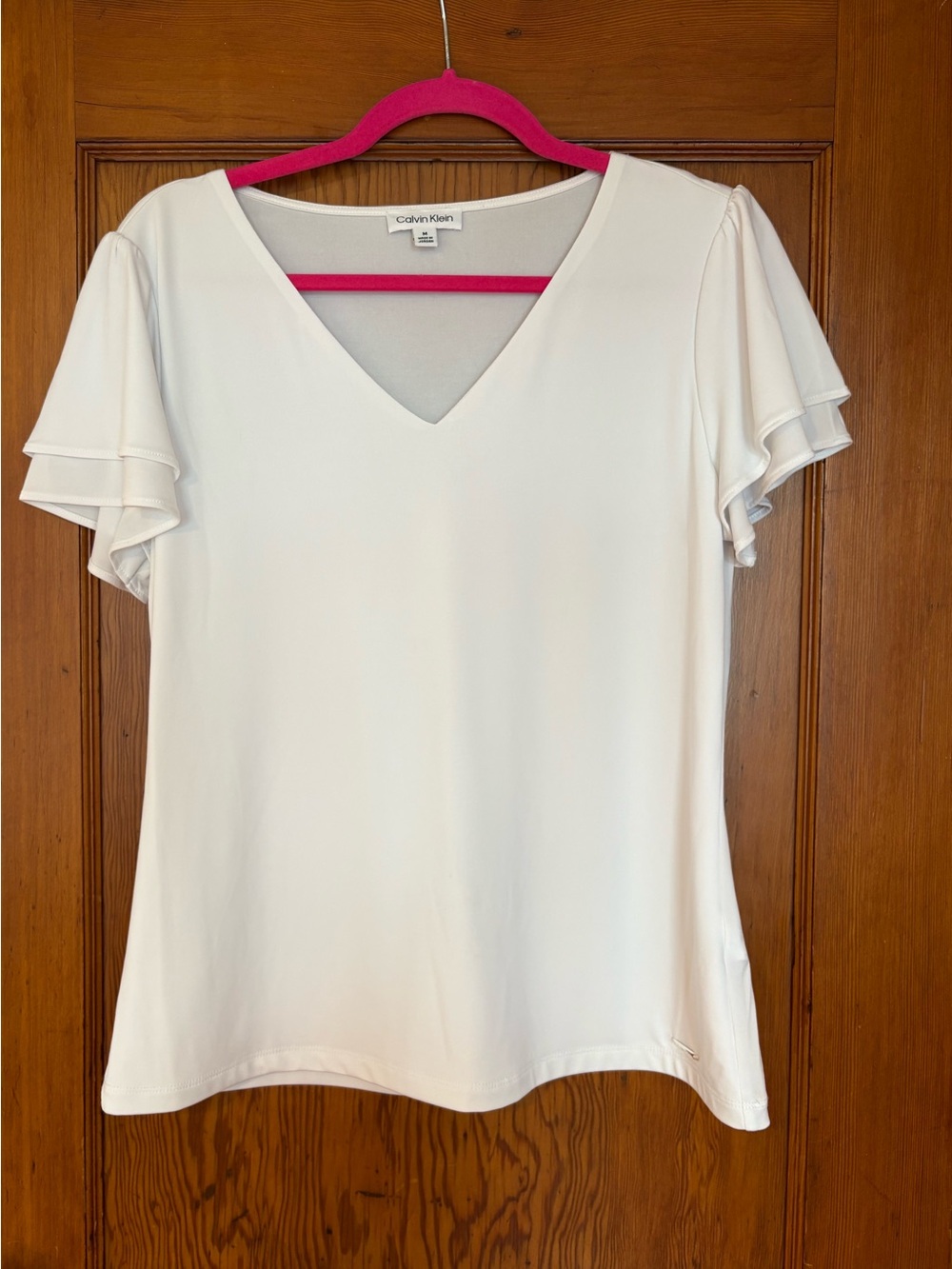 Calvin Klein White V-Neck Ruffle Sleeve Blouse